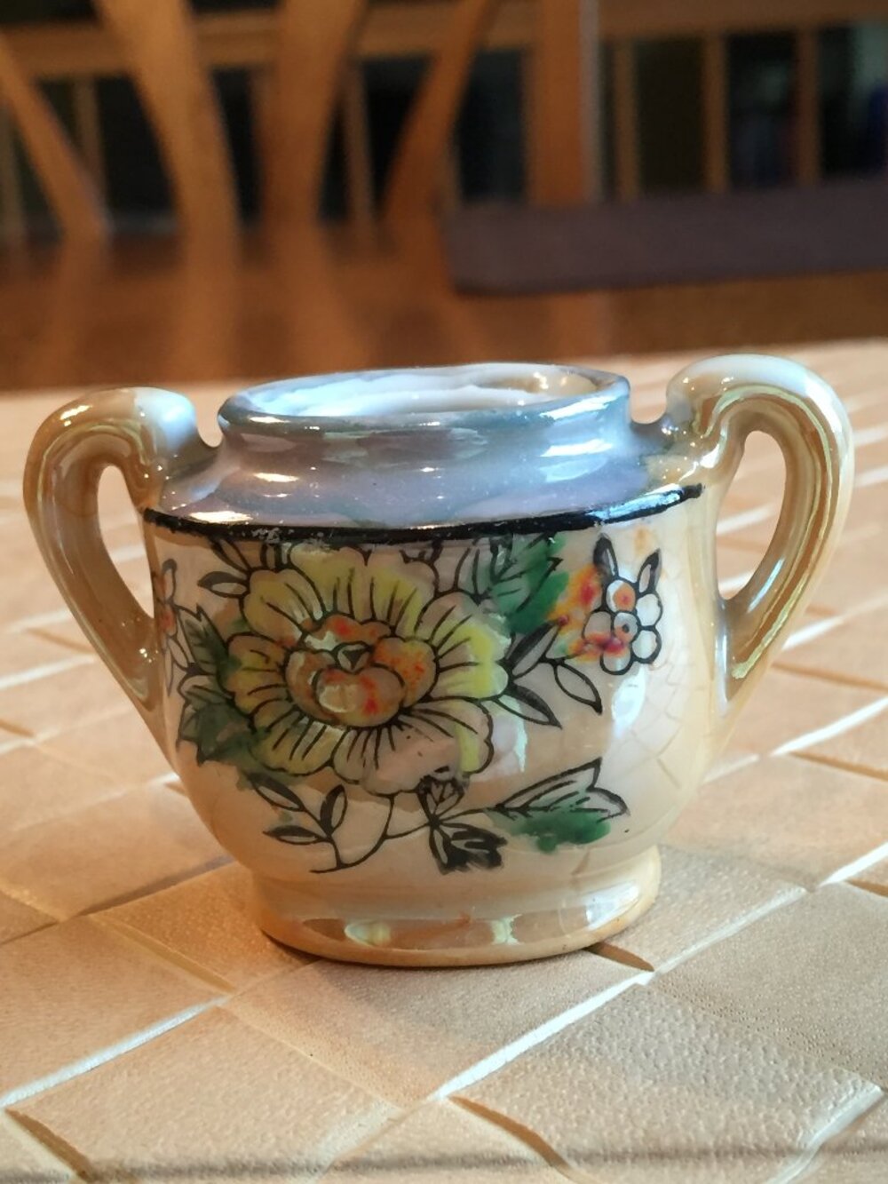 Miniature Tiny Hand Painted Ceramic Pot/Sugar Bowl with Flower Print